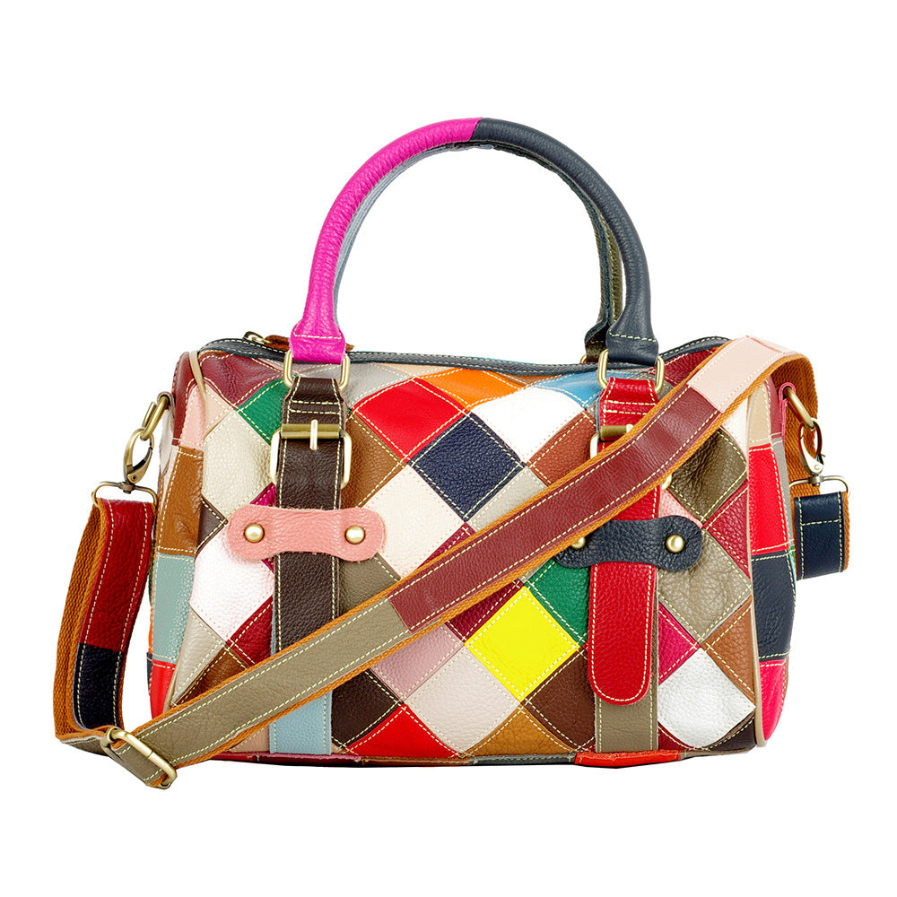 Genuine Leather Basket Bag Manufacturer Cross-Border Bag Women's Bag Contrasting Color Colorful Stitching Shoulder Crossbody Bag Handbag Women's Bag