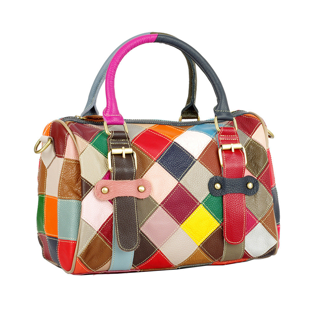 Genuine Leather Basket Bag Manufacturer Cross-Border Bag Women's Bag Contrasting Color Colorful Stitching Shoulder Crossbody Bag Handbag Women's Bag