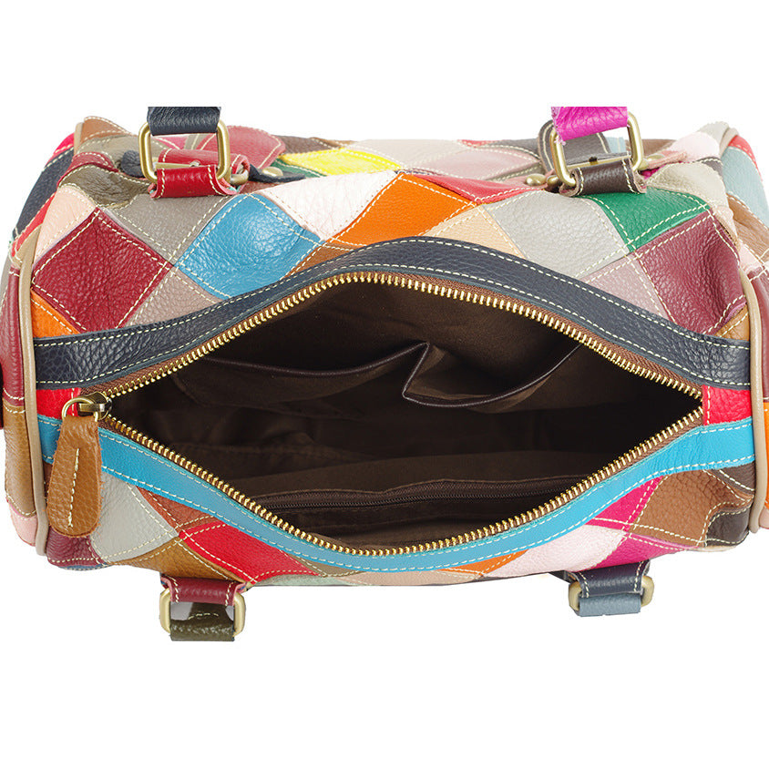 Genuine Leather Basket Bag Manufacturer Cross-Border Bag Women's Bag Contrasting Color Colorful Stitching Shoulder Crossbody Bag Handbag Women's Bag