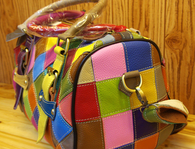 Genuine Leather Basket Bag Manufacturer Cross-Border Bag Women's Bag Contrasting Color Colorful Stitching Shoulder Crossbody Bag Handbag Women's Bag