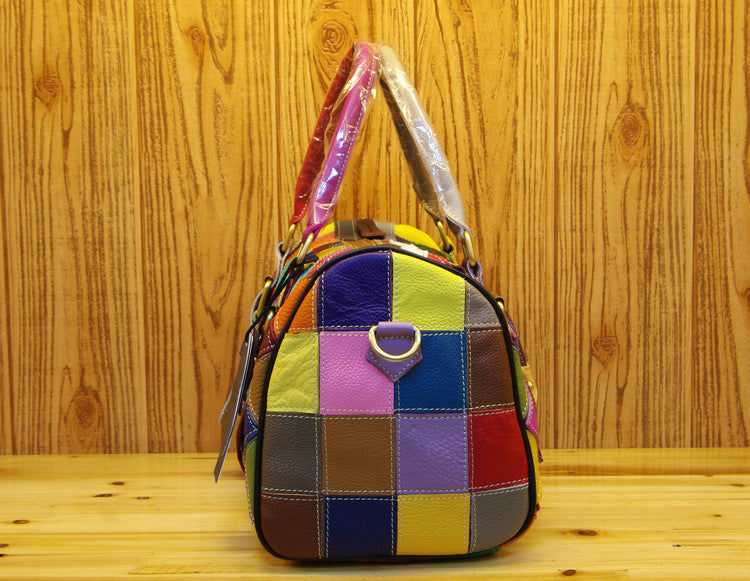 Genuine Leather Basket Bag Manufacturer Cross-Border Bag Women's Bag Contrasting Color Colorful Stitching Shoulder Crossbody Bag Handbag Women's Bag