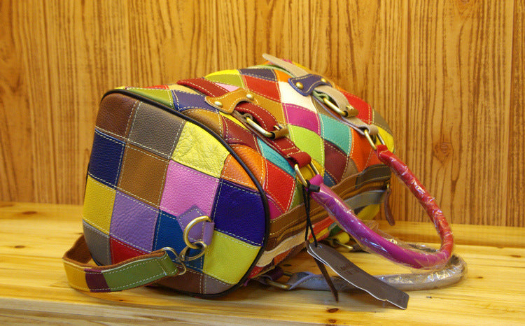 Genuine Leather Basket Bag Manufacturer Cross-Border Bag Women's Bag Contrasting Color Colorful Stitching Shoulder Crossbody Bag Handbag Women's Bag