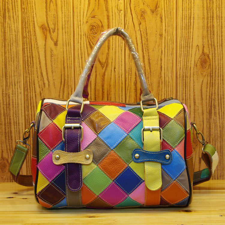 Genuine Leather Basket Bag Manufacturer Cross-Border Bag Women's Bag Contrasting Color Colorful Stitching Shoulder Crossbody Bag Handbag Women's Bag