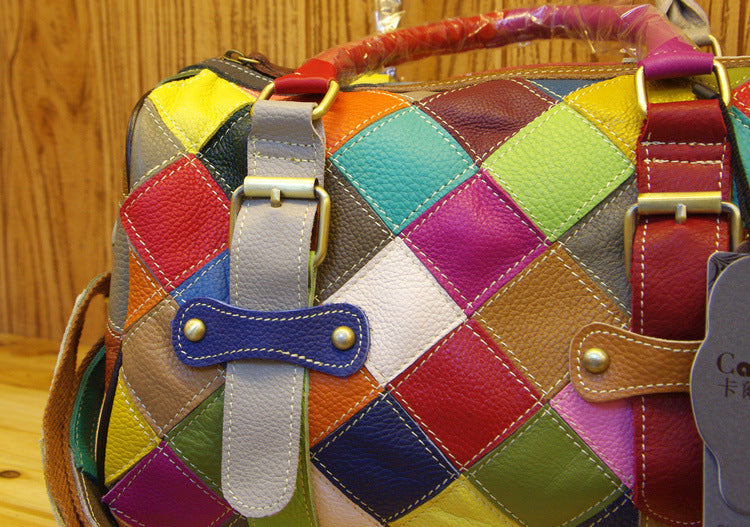 Genuine Leather Basket Bag Manufacturer Cross-Border Bag Women's Bag Contrasting Color Colorful Stitching Shoulder Crossbody Bag Handbag Women's Bag