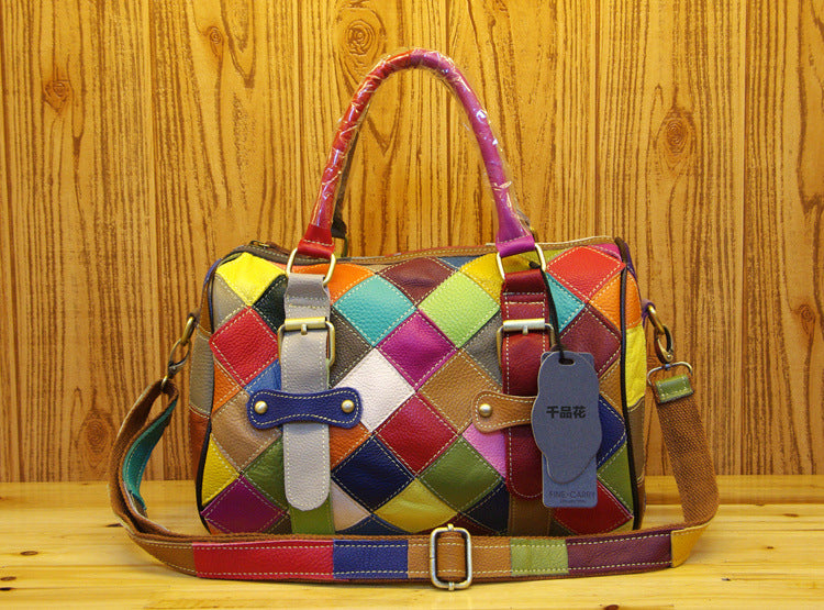 Genuine Leather Basket Bag Manufacturer Cross-Border Bag Women's Bag Contrasting Color Colorful Stitching Shoulder Crossbody Bag Handbag Women's Bag