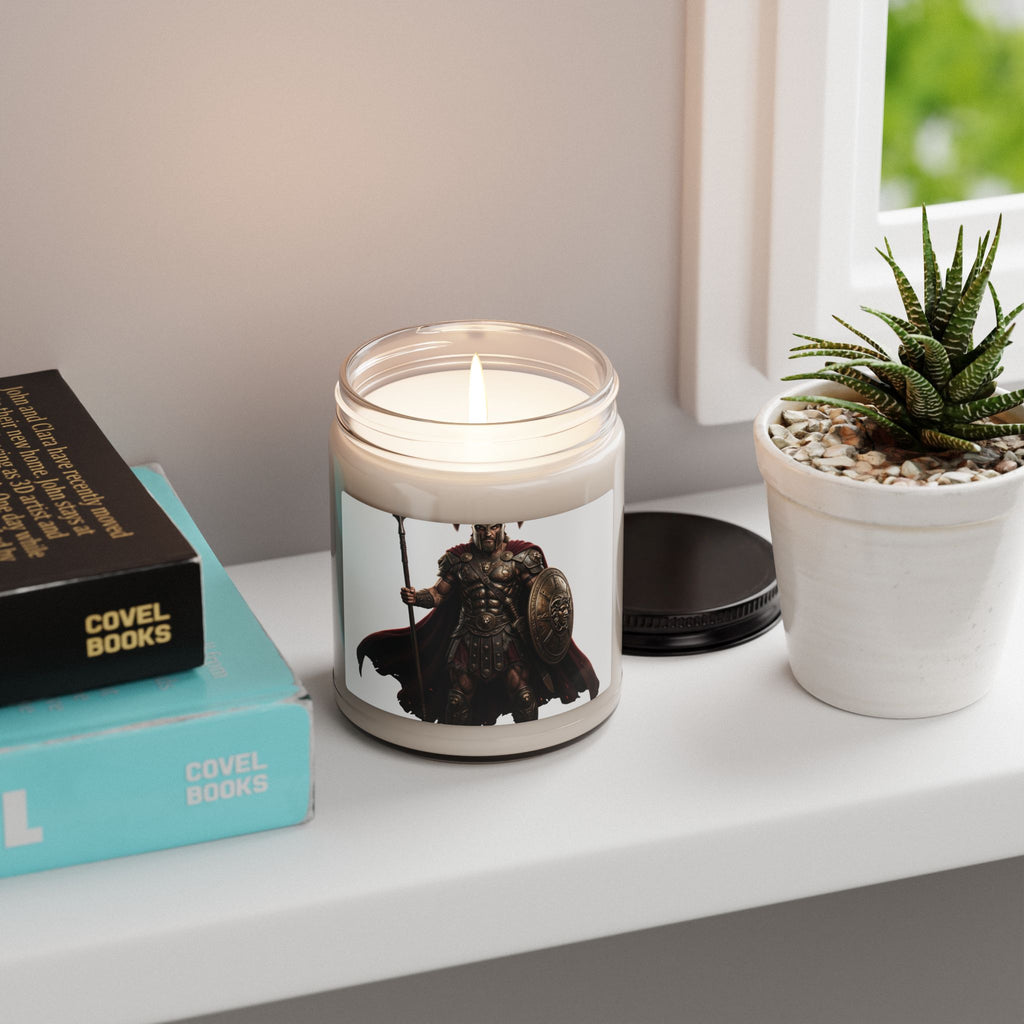 Warrior Spartan Soy Candle — 9oz Scented Jar (Mythic Armor Design)